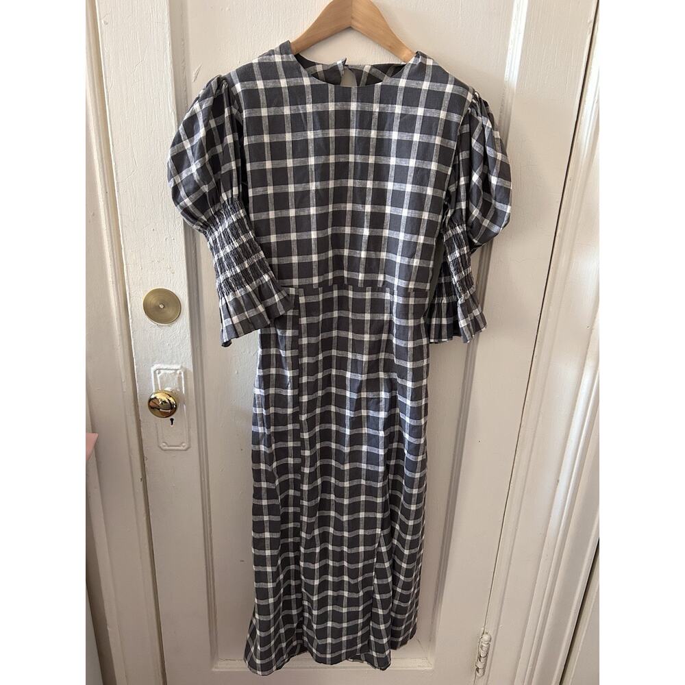 Nary Resort Gray‎ Plaid Puff Sleeve Dress Tie Back Slit | L - Picture 4 of 6